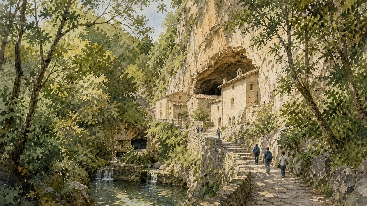 Original documentary watercolour showing Sacred Cave of Saint Francis in its Narni urban or landscape context
