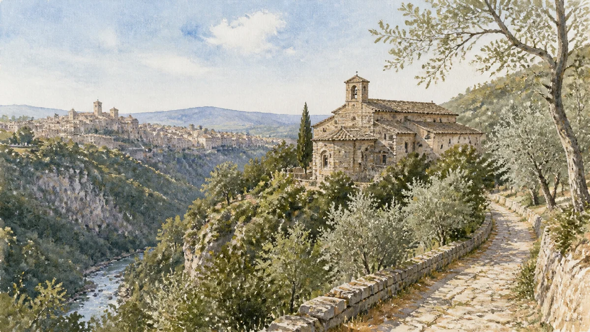 Original documentary watercolour showing Abbey of San Cassiano in its Narni urban or landscape context