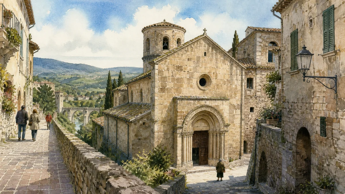 Original documentary watercolour showing Santa Maria Impensole in its Narni urban or landscape context