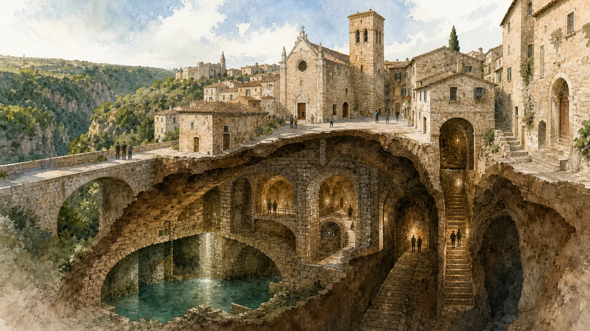 Original documentary watercolour showing Narni Underground in its Narni urban or landscape context