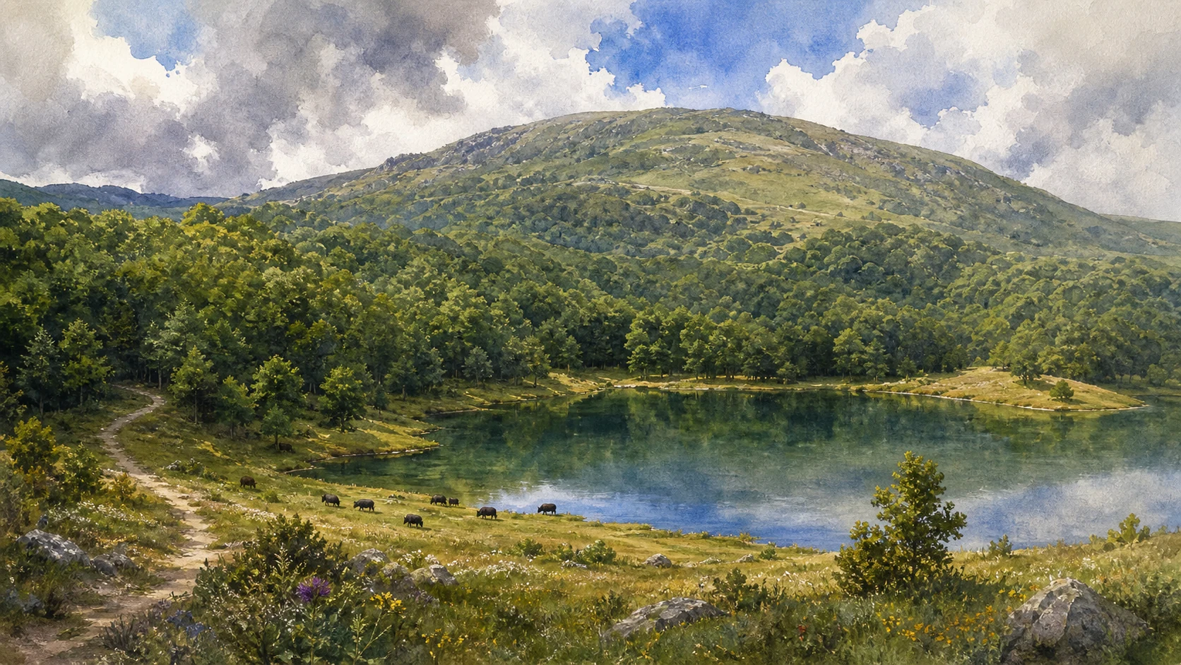Documentary watercolour of a Nebrodi mountain lake below Monte Soro with beech forest, meadow and small grazing black pigs