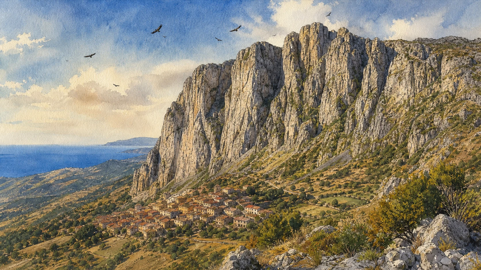 Documentary watercolour of the Rocche del Crasto above Alcara li Fusi with small griffon vultures circling over the limestone cliffs