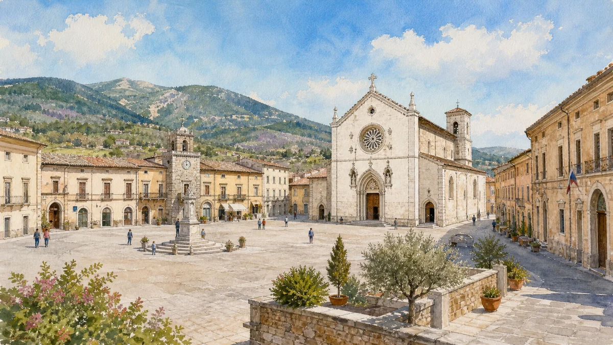 Original documentary watercolour showing Basilica of Saint Benedict in its Norcia urban or landscape context