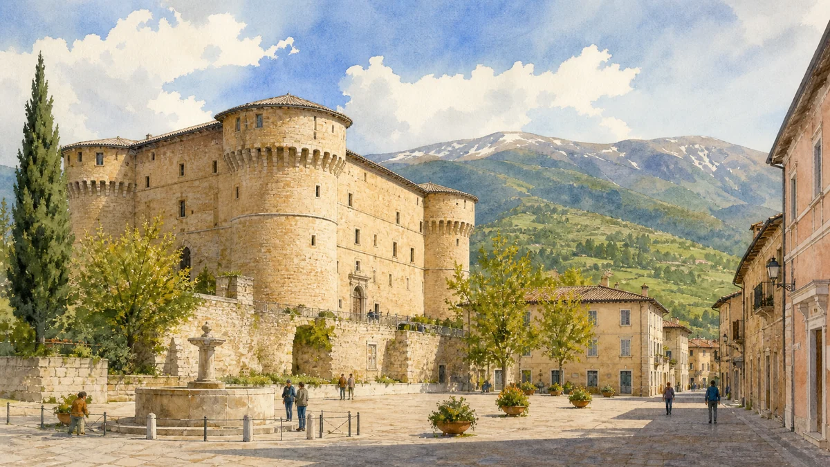 Original documentary watercolour showing La Castellina and the civic-diocesan collections in its Norcia urban or landscape context