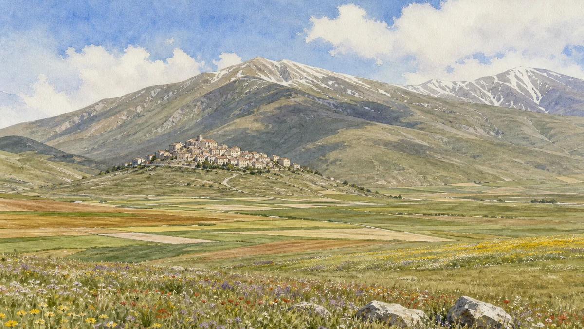 Original documentary watercolour showing Castelluccio and the Pian Grande in its Norcia urban or landscape context