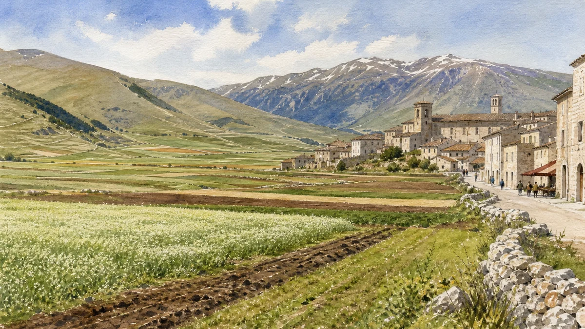 Original documentary watercolour showing Norcineria, black truffle and Castelluccio lentils in its Norcia urban or landscape context