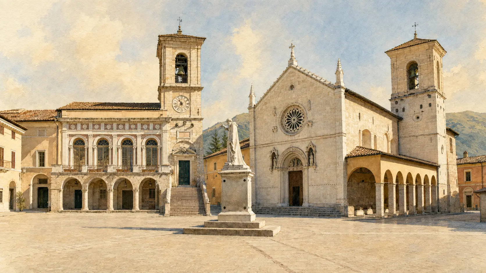 Documentary watercolour of Norcia with the reconstructed Basilica of Saint Benedict and the Sibillini Mountains