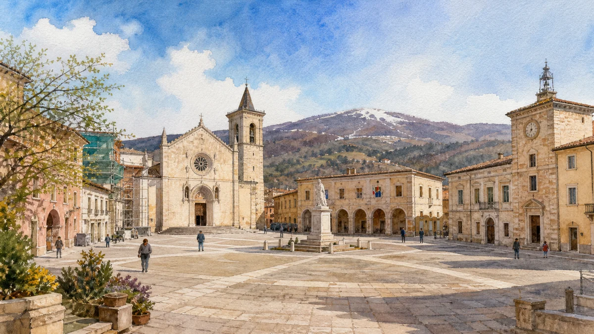 Original documentary watercolour showing Piazza San Benedetto and the saint's monument in its Norcia urban or landscape context