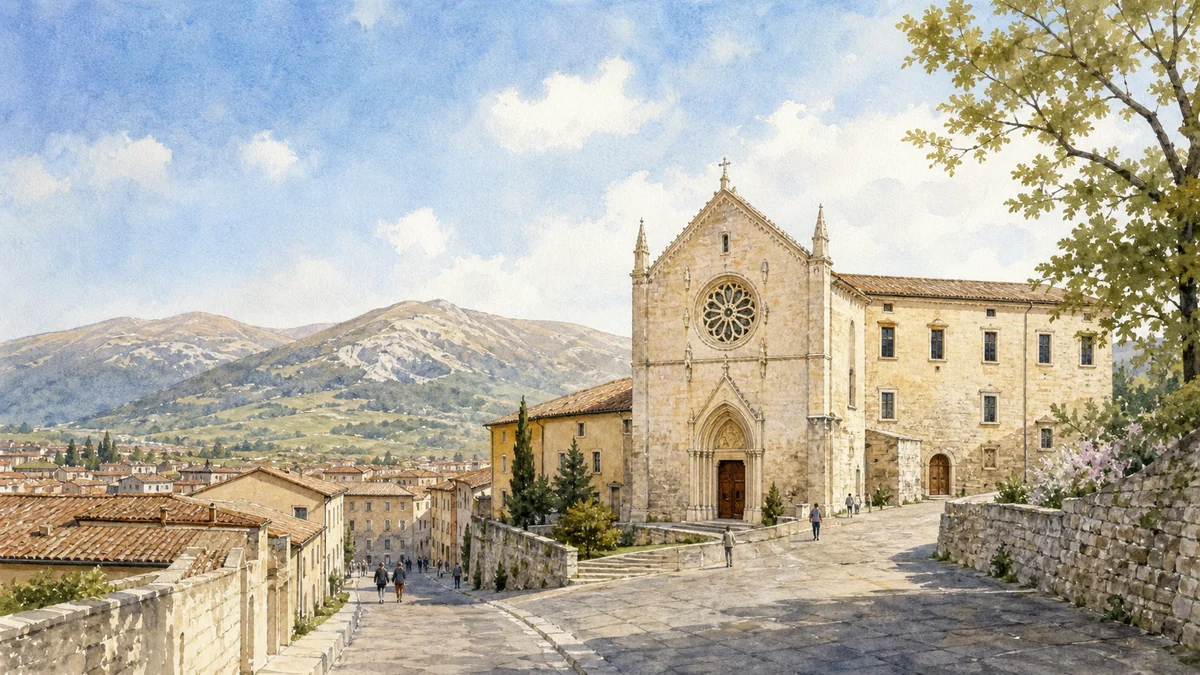 Original documentary watercolour showing San Francesco complex in its Norcia urban or landscape context