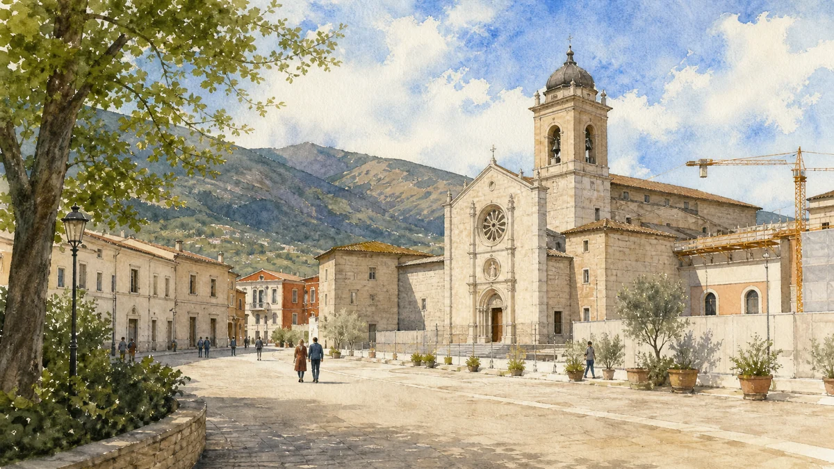 Original documentary watercolour showing Co-Cathedral of Santa Maria Argentea in its Norcia urban or landscape context