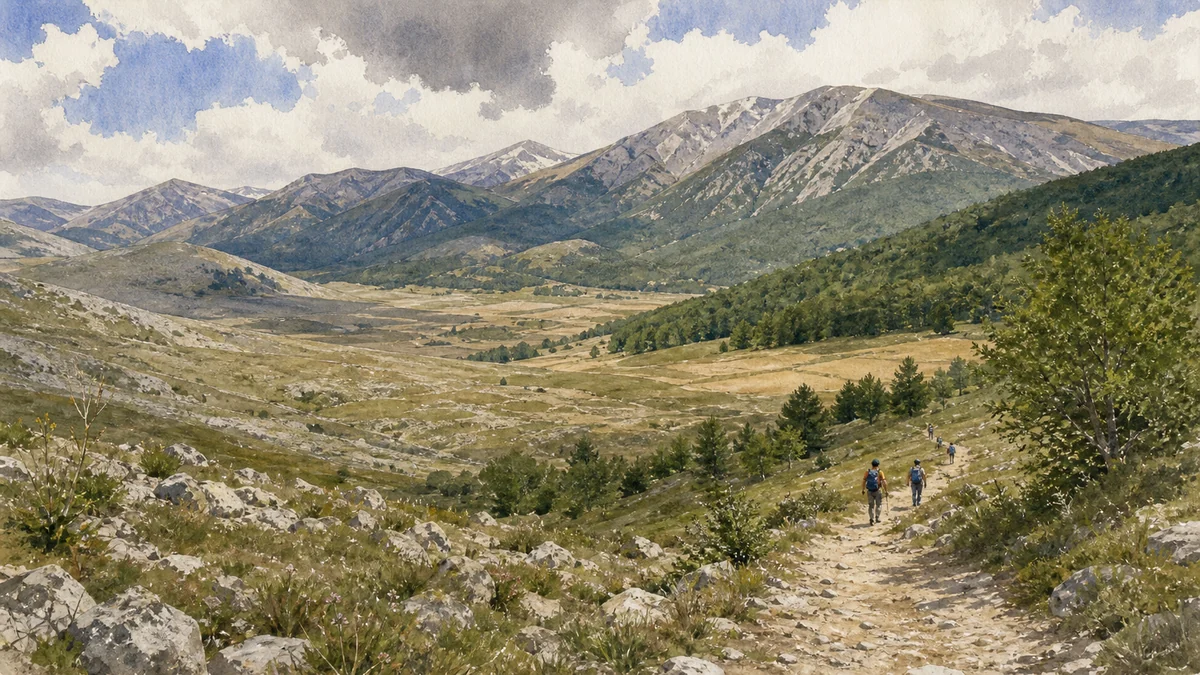 Original documentary watercolour showing Monti Sibillini National Park in its Norcia urban or landscape context