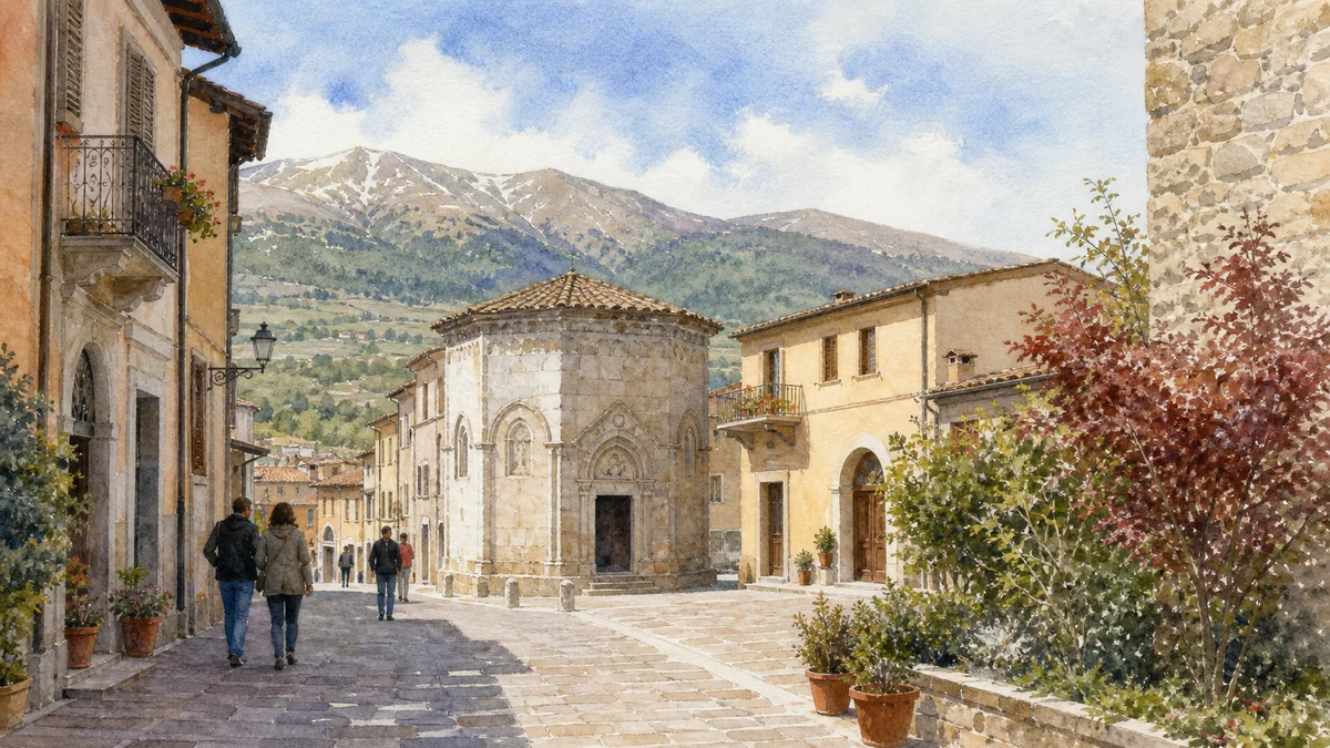 Original documentary watercolour showing Tempietto in its Norcia urban or landscape context