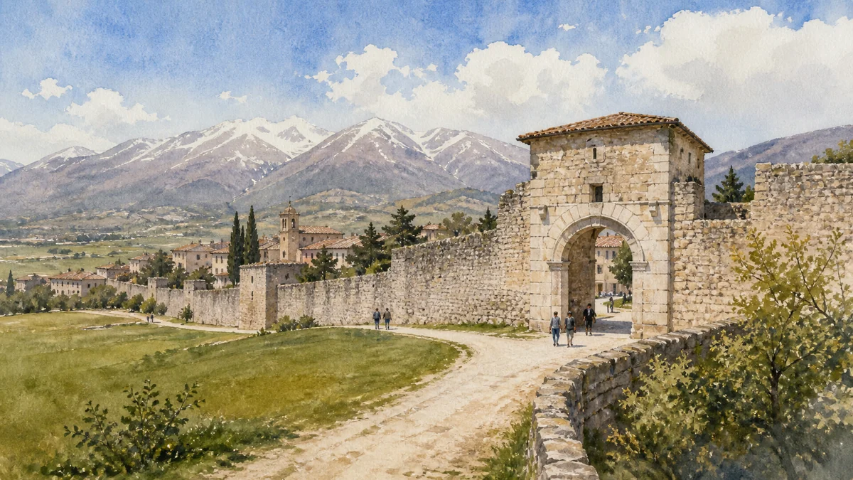 Original documentary watercolour showing City walls and gates in its Norcia urban or landscape context