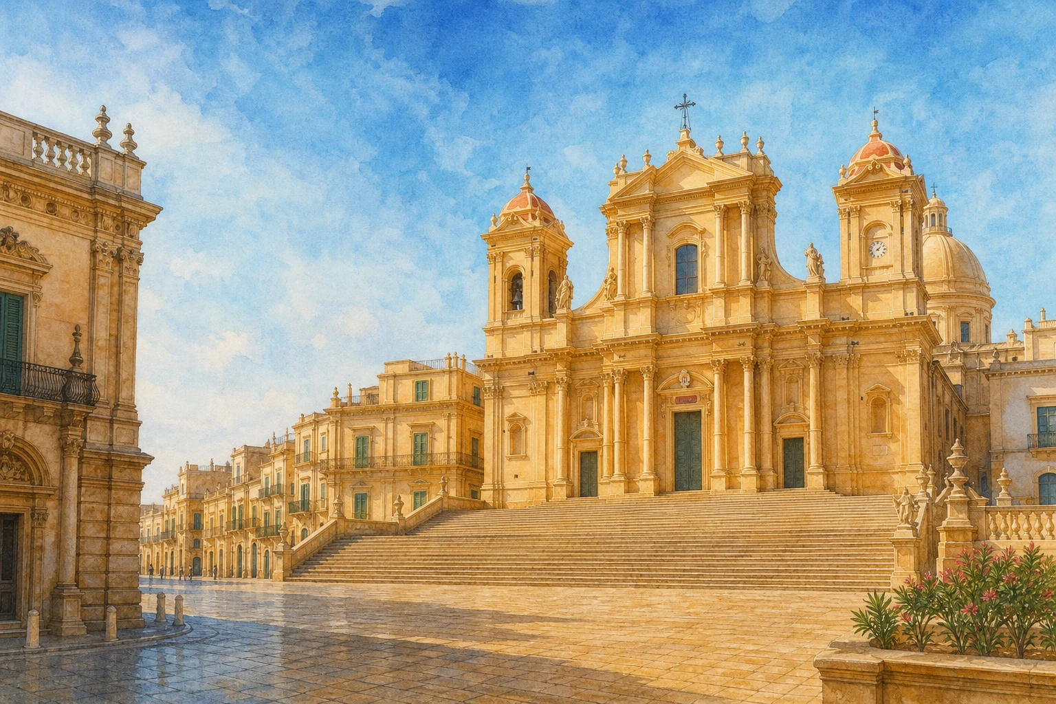 Documentary watercolour of Piazza Municipio in Noto with the Cathedral of San Nicolò, its broad staircase and the warm limestone façades of the Baroque city