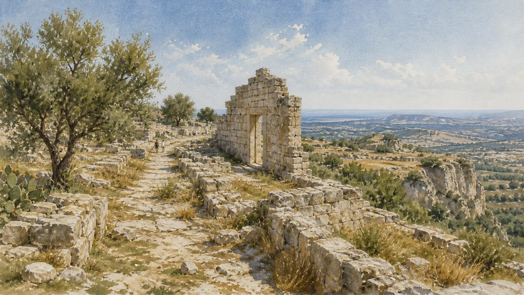 Documentary watercolour of Noto Antica with ruined streets, a surviving stone doorway, olive trees and the Hyblaean landscape from Monte Alveria