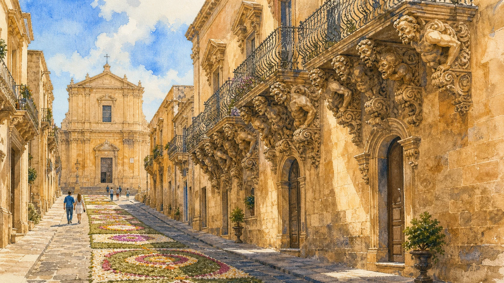 Documentary watercolour of Via Nicolaci in Noto with Palazzo Nicolaci's carved Baroque balconies, Montevergini and flower-petal pavement designs