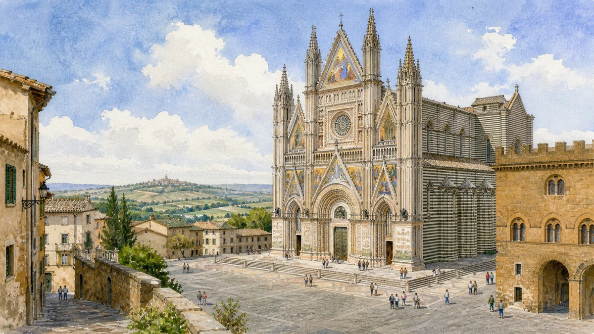 Original documentary watercolour showing Cathedral of Santa Maria Assunta in its Orvieto urban or landscape context