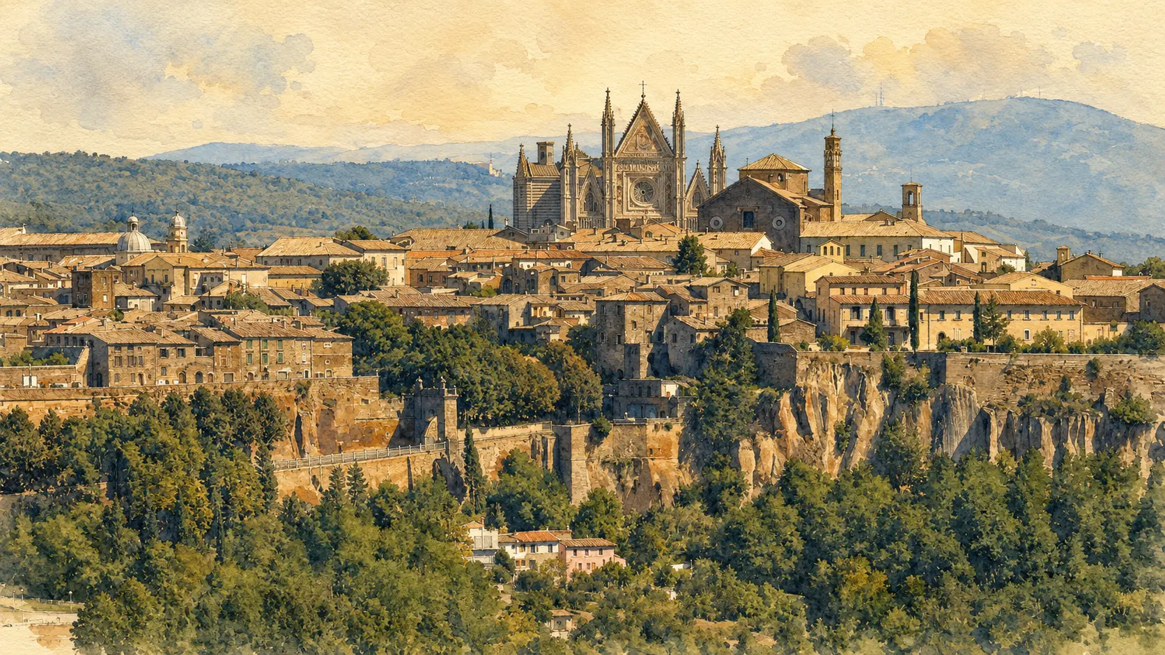 Documentary watercolour panorama of Orvieto on its tufa cliff with the cathedral above the valley