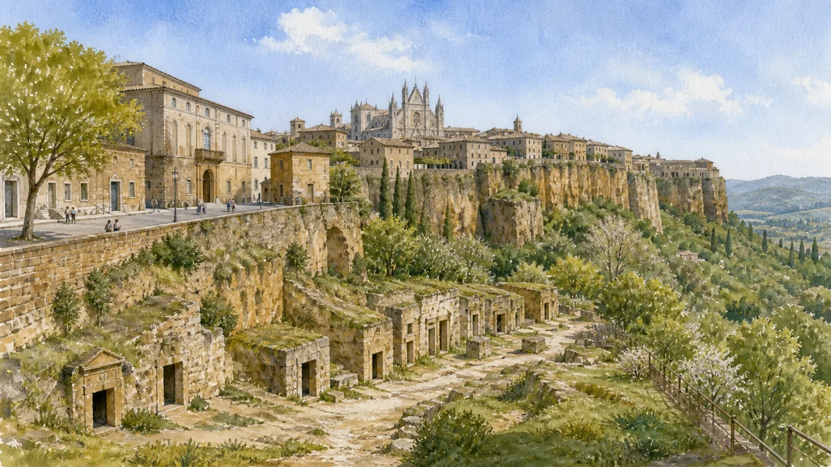 Original documentary watercolour showing Etruscan museums and Crocifisso del Tufo Necropolis in its Orvieto urban or landscape context