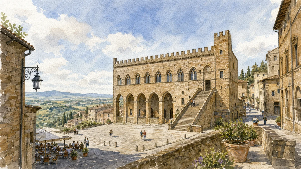 Original documentary watercolour showing Palazzo del Popolo in its Orvieto urban or landscape context