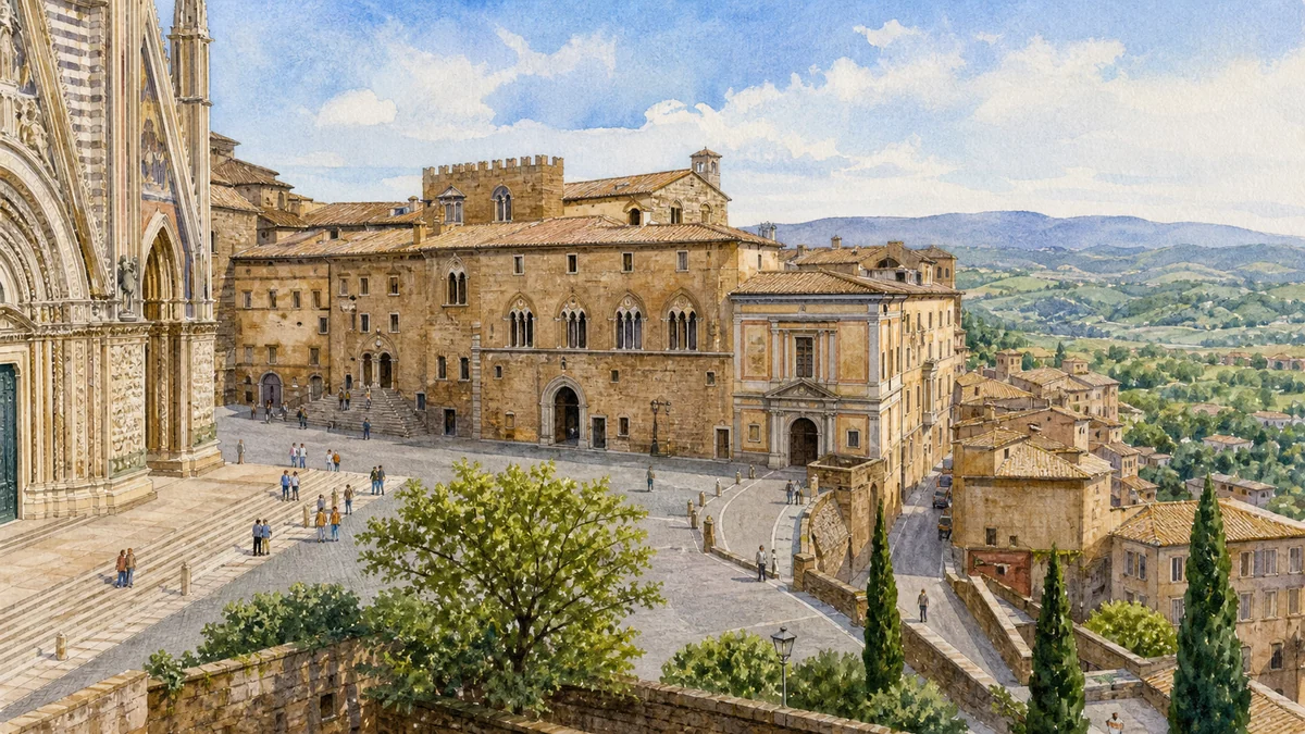 Original documentary watercolour showing Papal Palaces and Cathedral museums in its Orvieto urban or landscape context