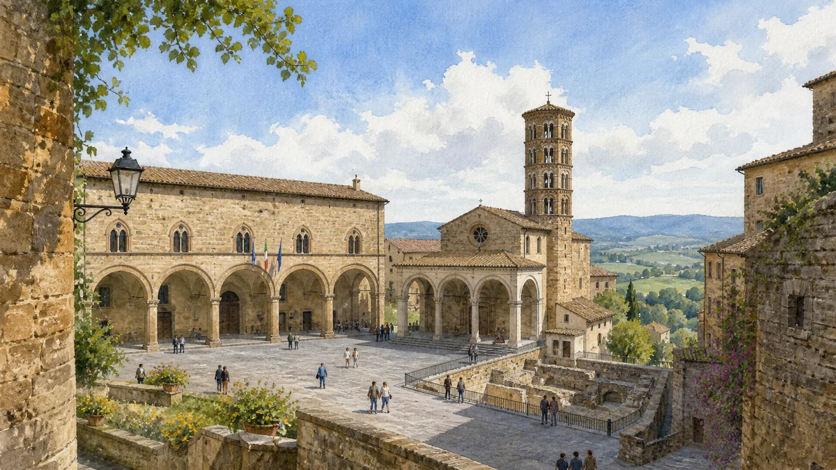 Original documentary watercolour showing Piazza della Repubblica, Town Hall and Sant'Andrea in its Orvieto urban or landscape context