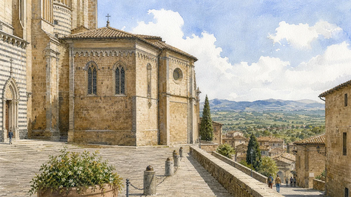 Original documentary watercolour showing Chapel of San Brizio in its Orvieto urban or landscape context