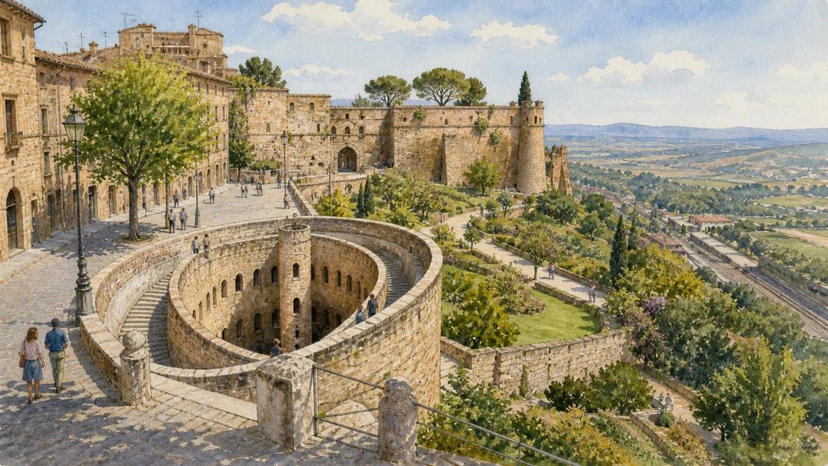 Original documentary watercolour showing Well of Saint Patrick and Albornoz Fortress in its Orvieto urban or landscape context