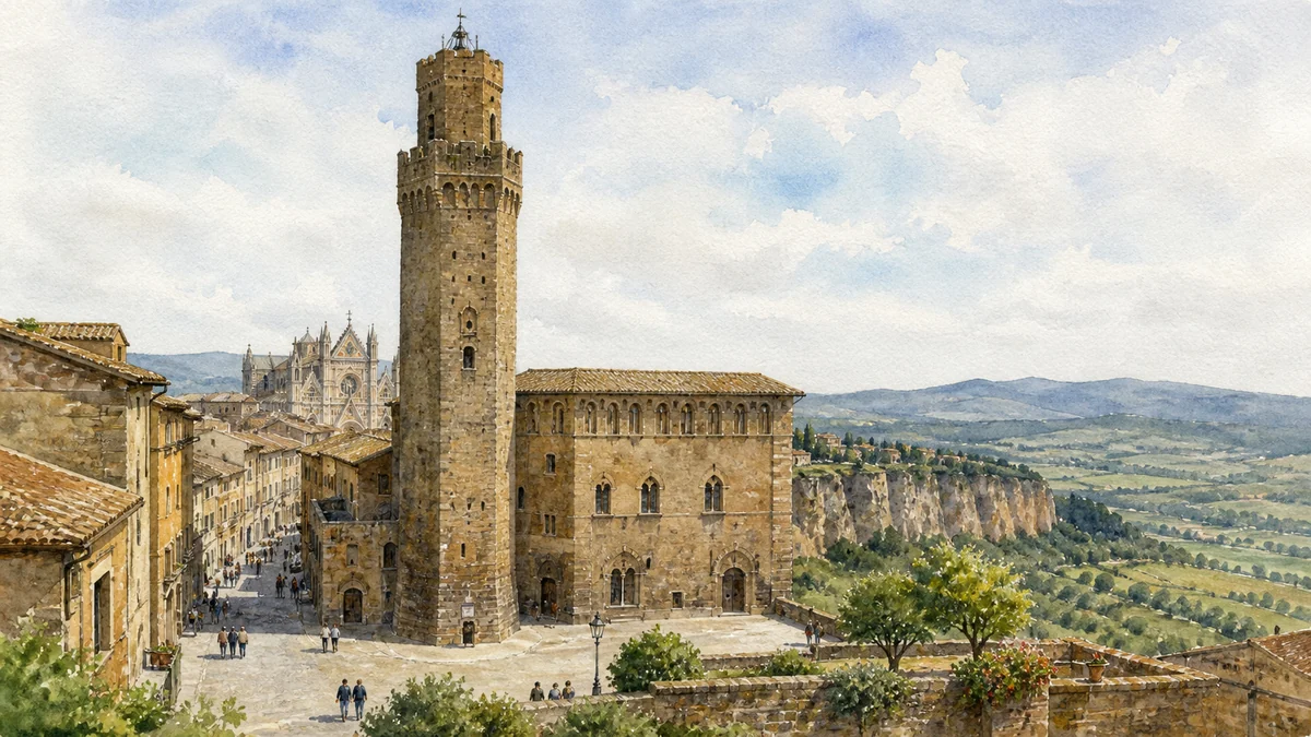 Original documentary watercolour showing Torre del Moro and Palazzo dei Sette in its Orvieto urban or landscape context