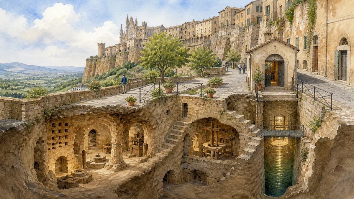 Original documentary watercolour showing Orvieto Underground and Pozzo della Cava in its Orvieto urban or landscape context