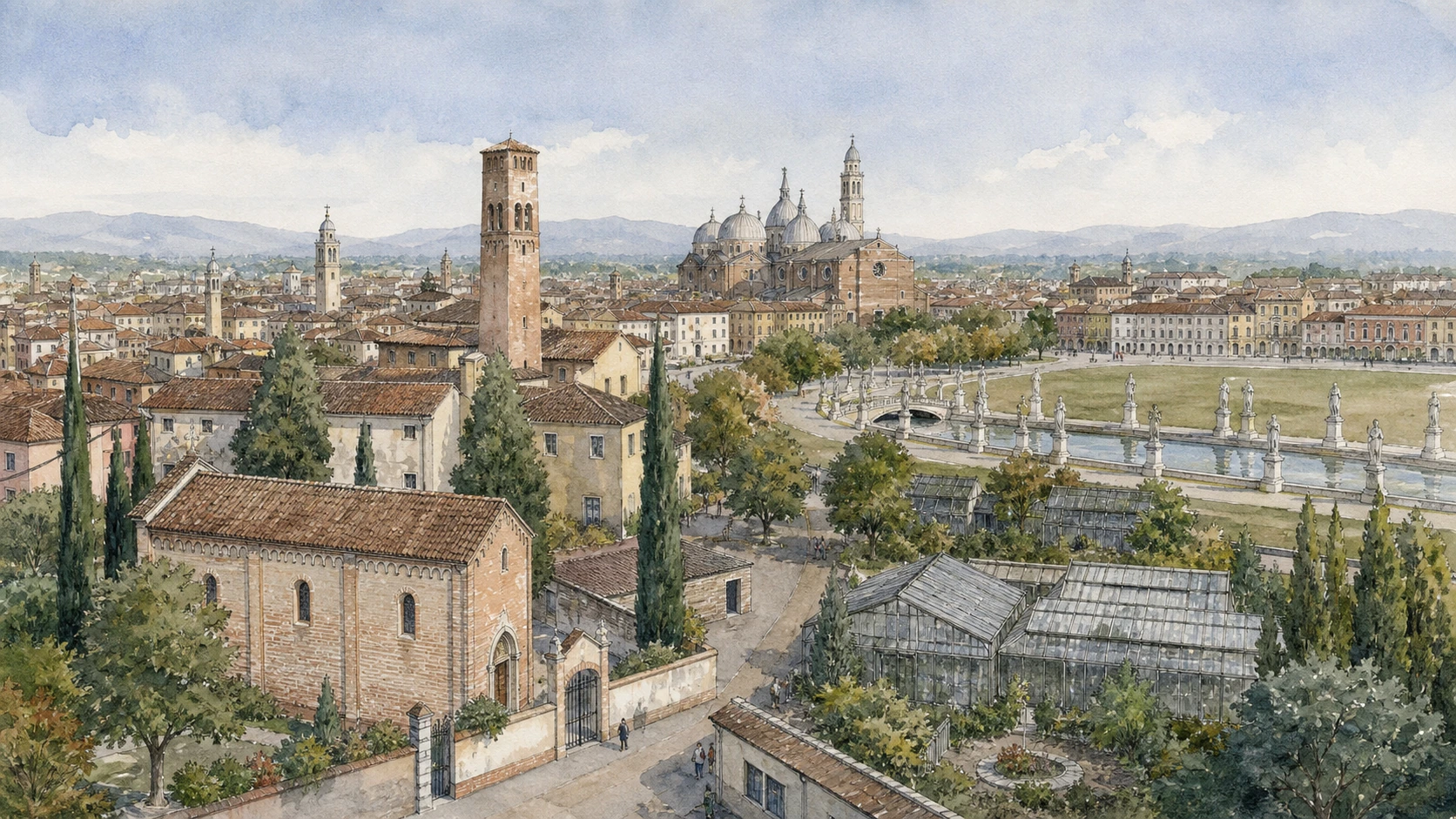Original documentary watercolour panorama of Padua connecting Scrovegni Chapel, civic towers, Basilica of Saint Anthony and Prato della Valle