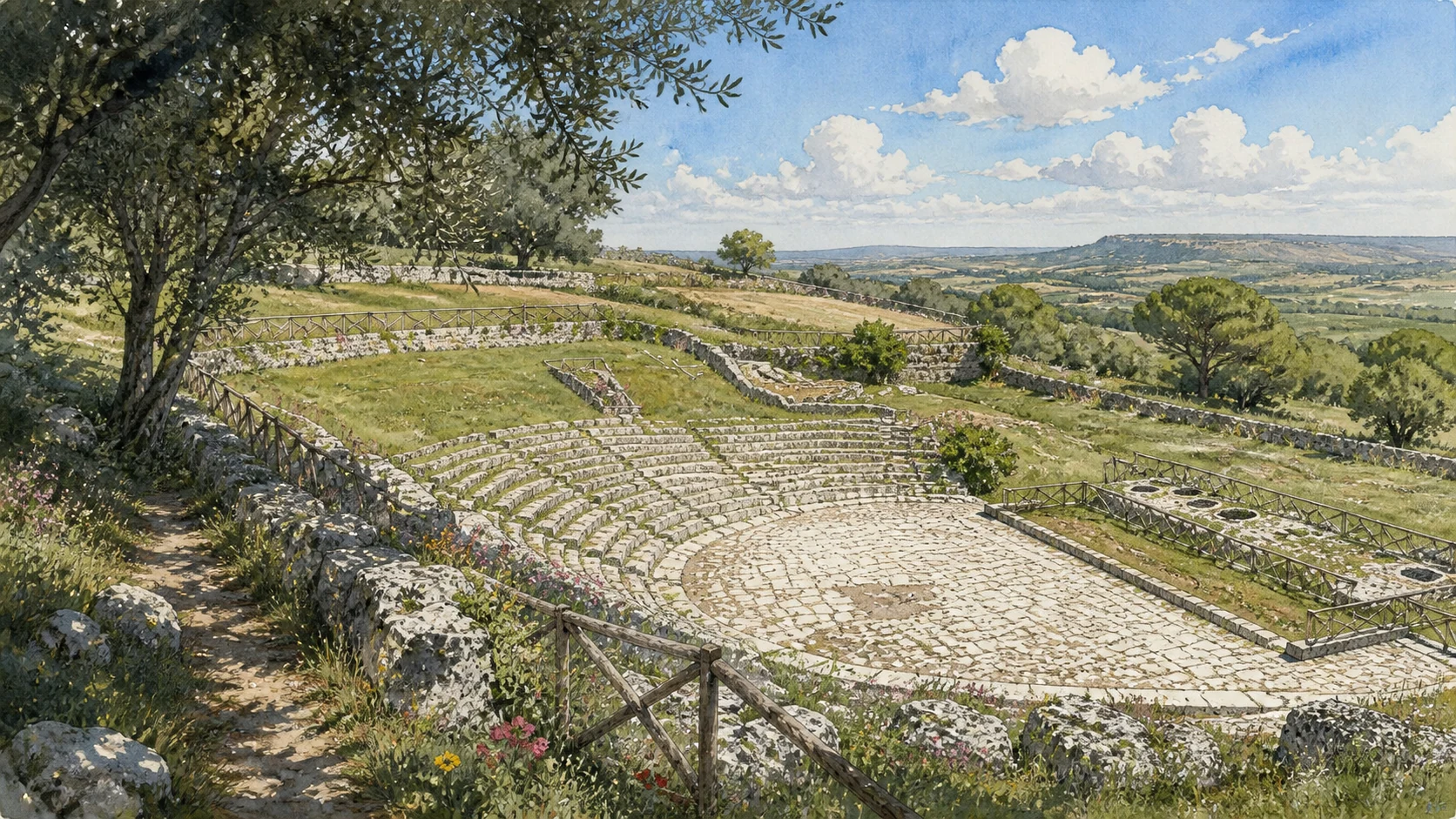 Documentary watercolour of the Greek theatre of Akrai in spring on the Hyblaean plateau, with limestone seating, dry-stone walls, olive trees, wildflowers and distant highland landscape