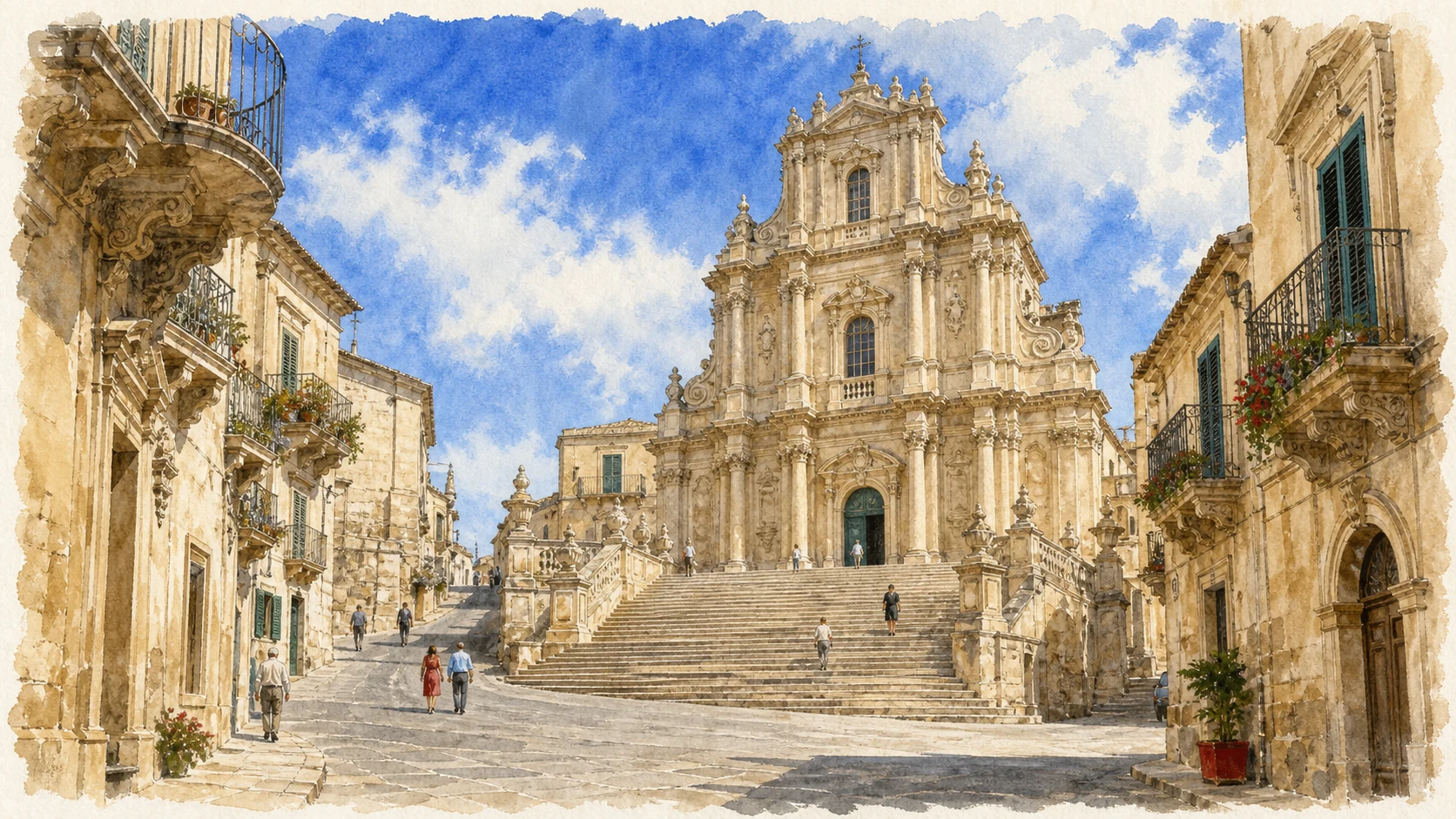 Documentary watercolour of Piazza del Popolo in Palazzolo Acreide with the broad stair and Baroque façade of the Basilica of San Sebastiano