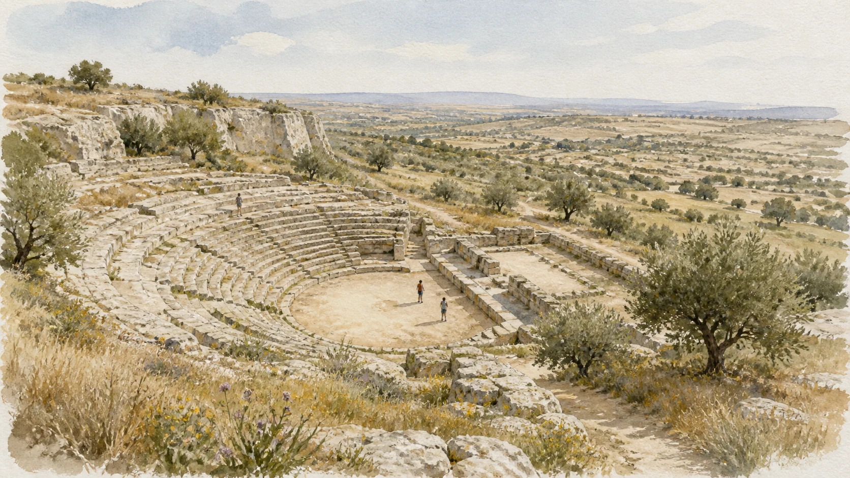 Documentary watercolour of the Greek Theatre of Akrai with its compact rock-cut cavea, small orchestra, olive trees and Hyblaean horizon