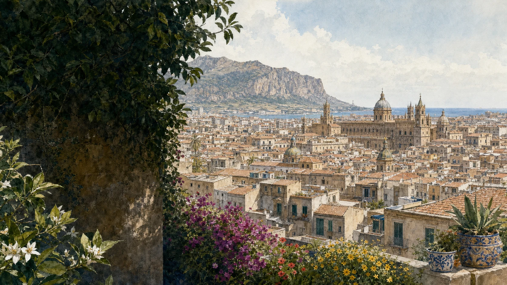 Documentary watercolour of Palermo between the Tyrrhenian Sea and Monte Pellegrino, with historic roofs, domes, gardens and spring colour