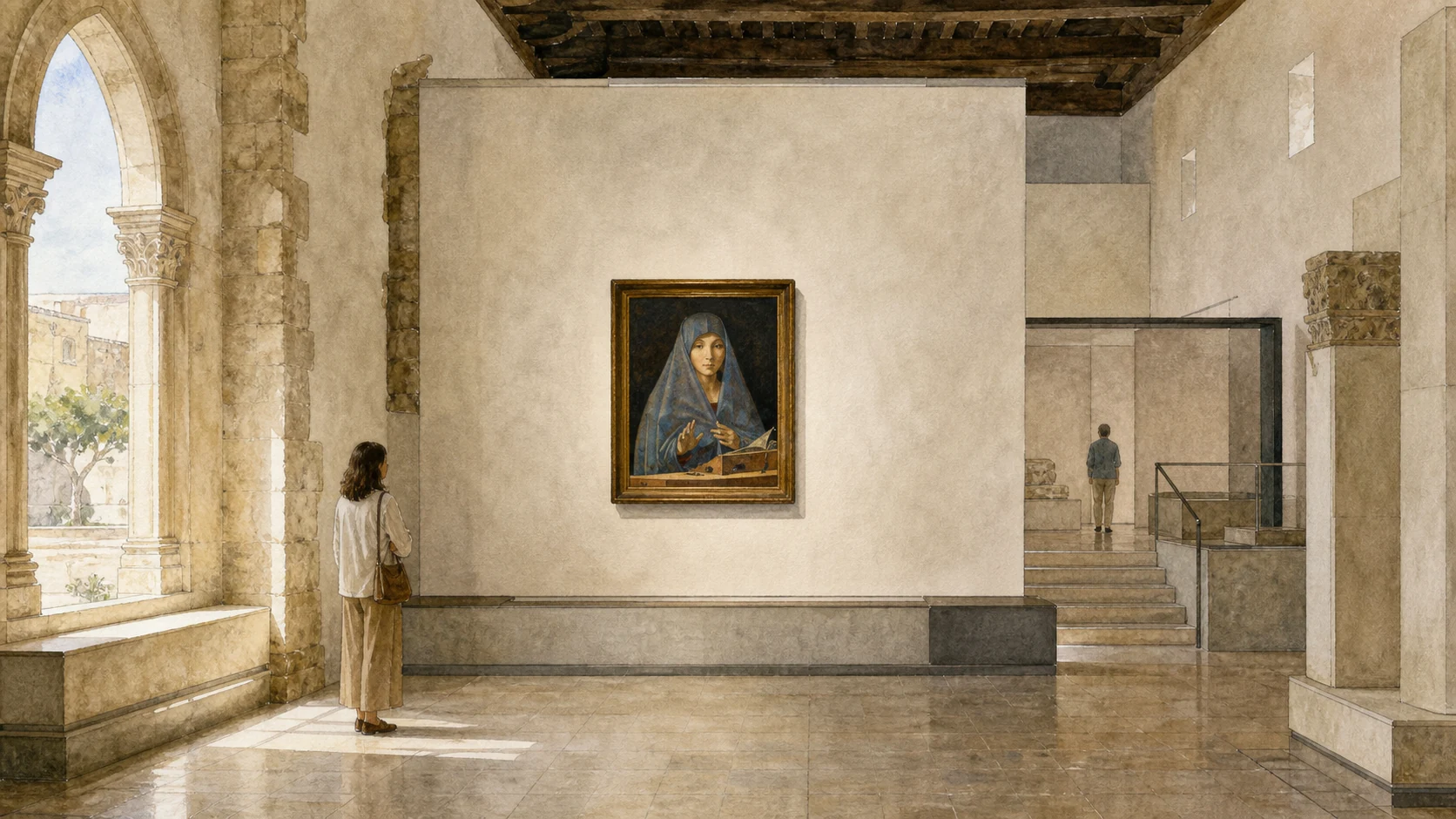 Documentary watercolour of a quiet gallery in Palermo's Palazzo Abatellis with Antonello da Messina's Annunciata displayed at human scale and two distant visitors