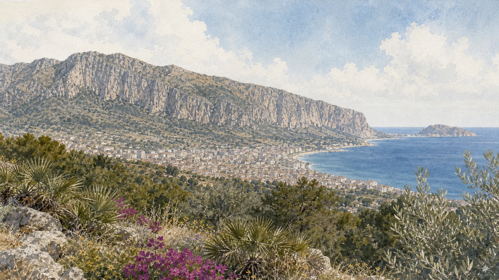 Documentary watercolour of Monte Pellegrino's long pale limestone cliff above Palermo and the blue gulf with Mediterranean scrub and dwarf palms in the foreground
