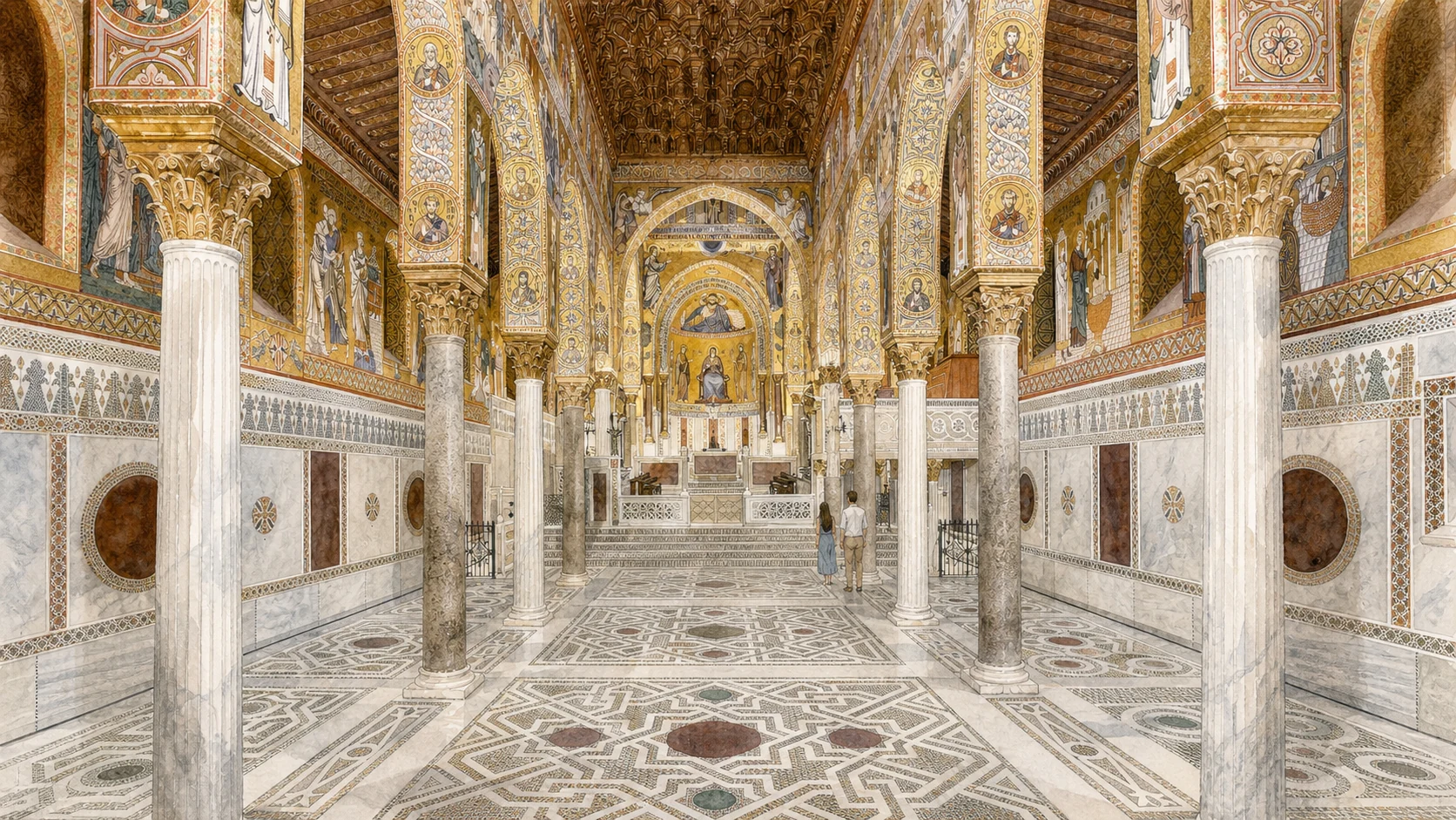 Documentary watercolour of Palermo's Cappella Palatina looking along the central nave through marble columns toward the gold mosaics beneath the carved wooden ceiling