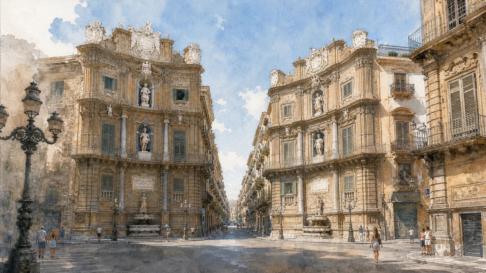 Documentary watercolour of Palermo's Quattro Canti from street level with two concave Baroque facades, fountains and the crossing streets visible between them