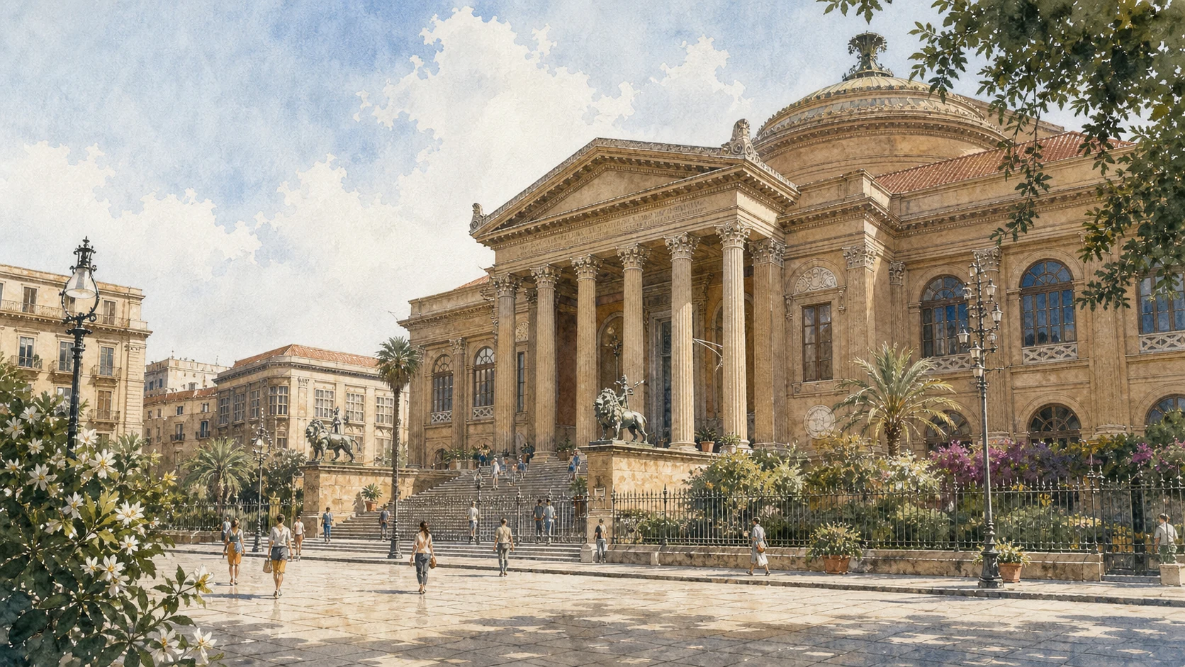 Documentary watercolour of Palermo's Teatro Massimo from Piazza Verdi with its broad staircase, Corinthian portico, dome and small groups of pedestrians