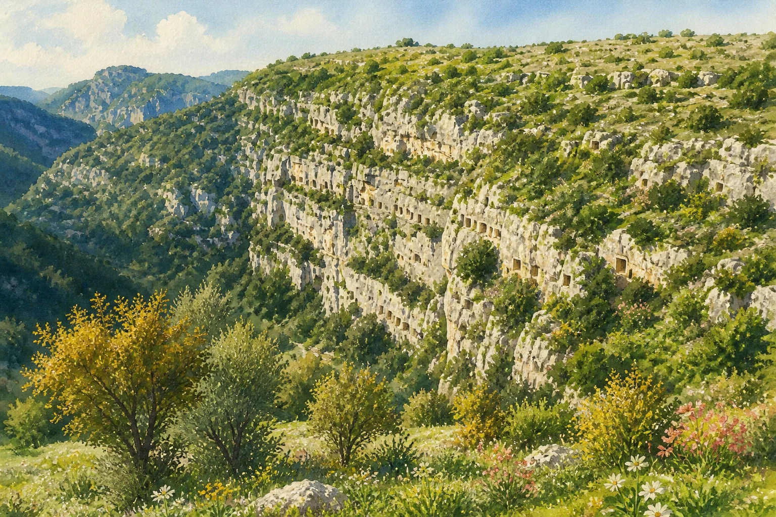Documentary watercolour of Pantalica showing the limestone walls of the Calcinara canyon, small rock-cut tomb openings and dense Mediterranean vegetation