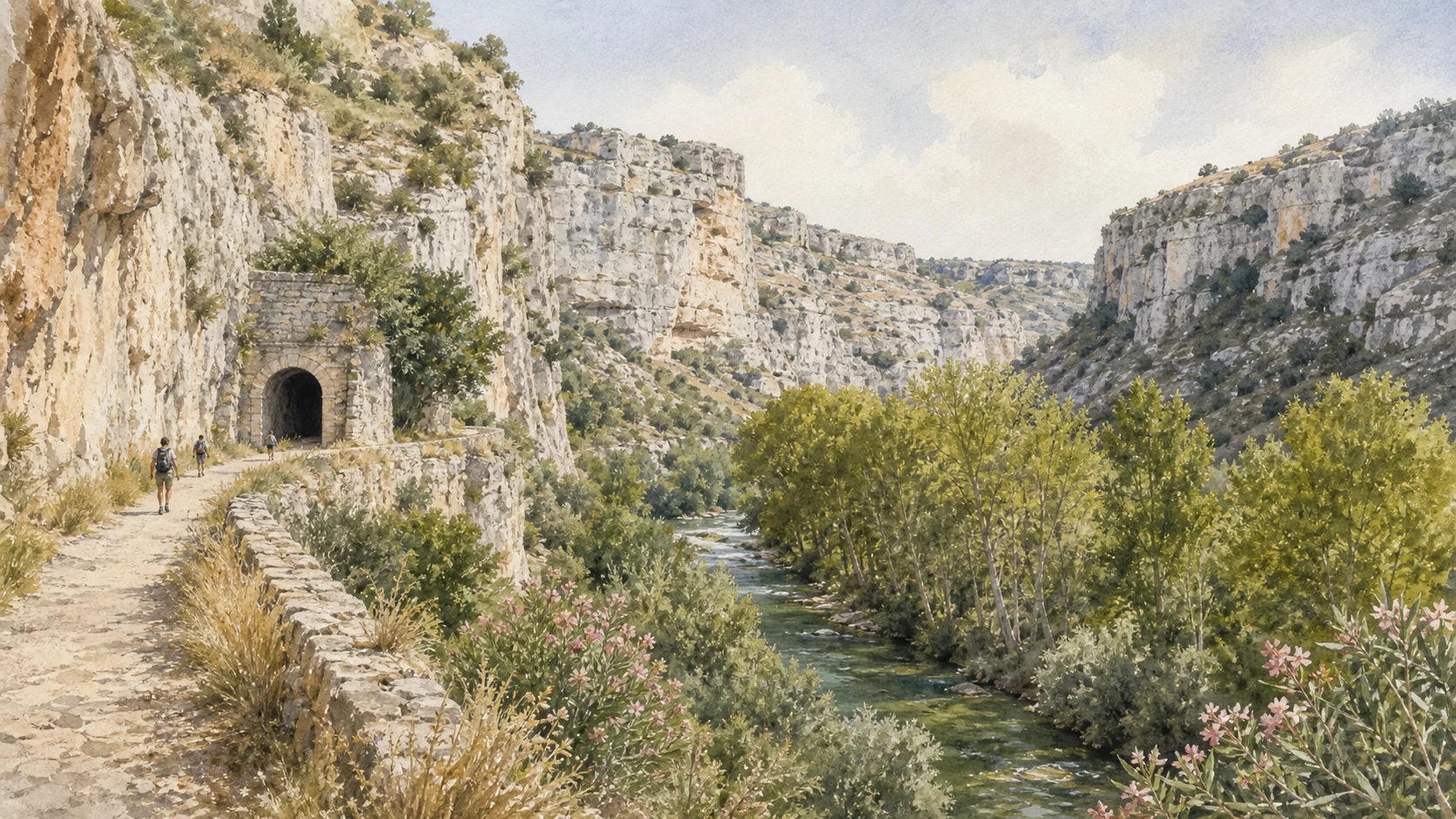 Documentary watercolour of the former railway path in the Anapo Valley with a stone tunnel, river trees and the limestone canyon of Pantalica