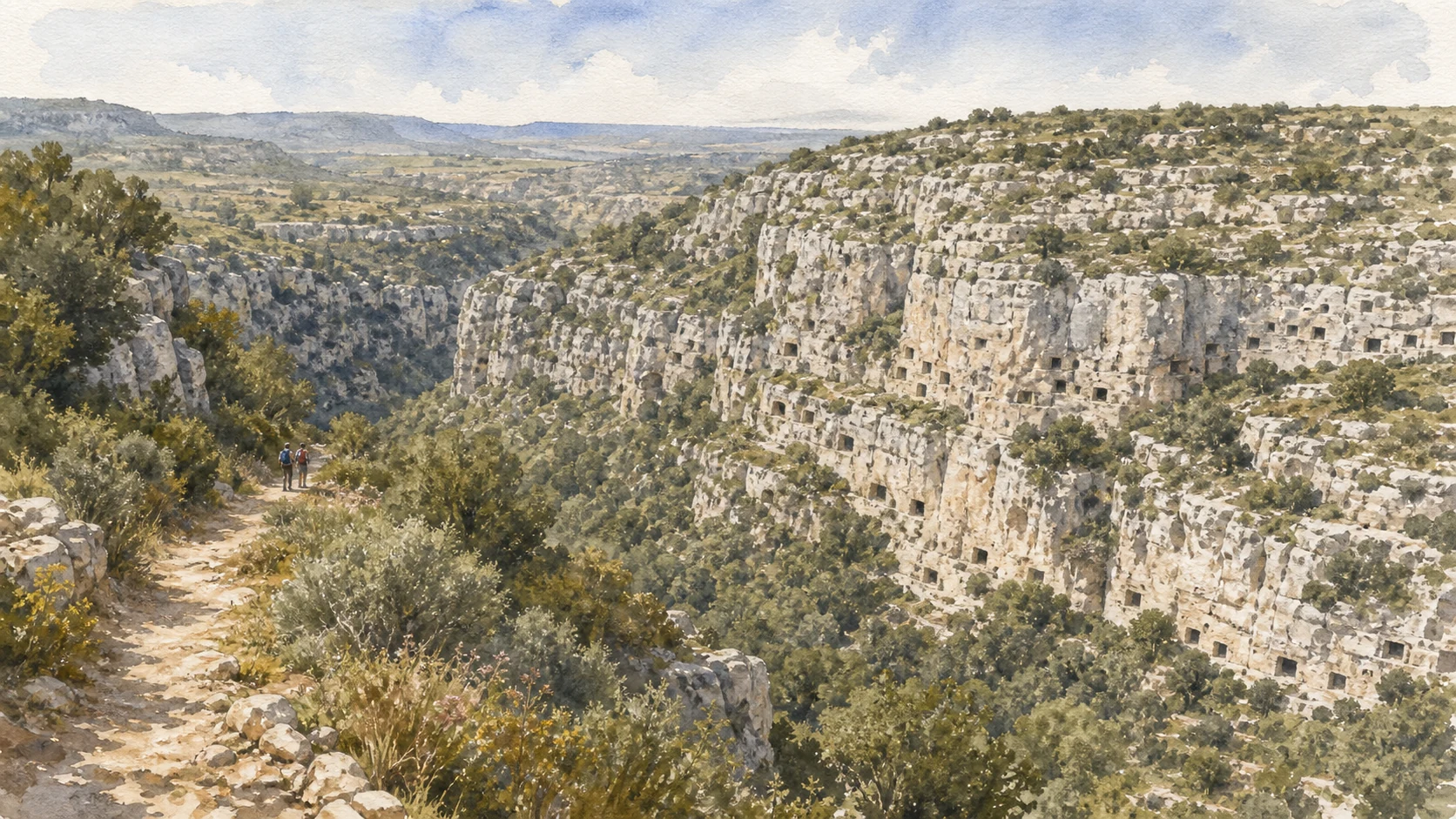 Documentary watercolour of Pantalica's North Necropolis with many small Bronze Age tomb openings cut into the limestone wall above the Calcinara canyon