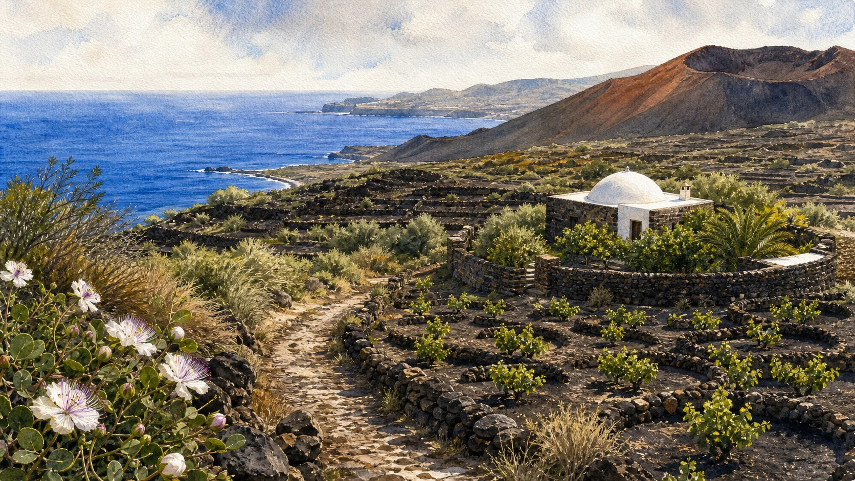 Documentary watercolour of Pantelleria with terraced alberello vineyards, a white-domed dammuso, black lava ridges and the blue Mediterranean