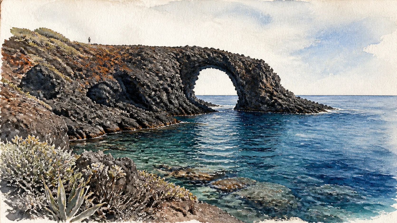 Documentary watercolour of Arco dell'Elefante on Pantelleria, a dark lava headland and natural arch above clear blue water