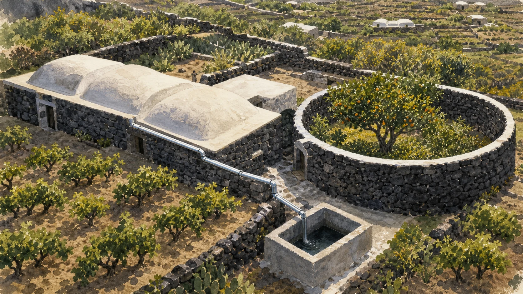 Documentary watercolour of Pantelleria dammusi with domed roofs, rainwater collection, a circular stone citrus garden and low vineyards