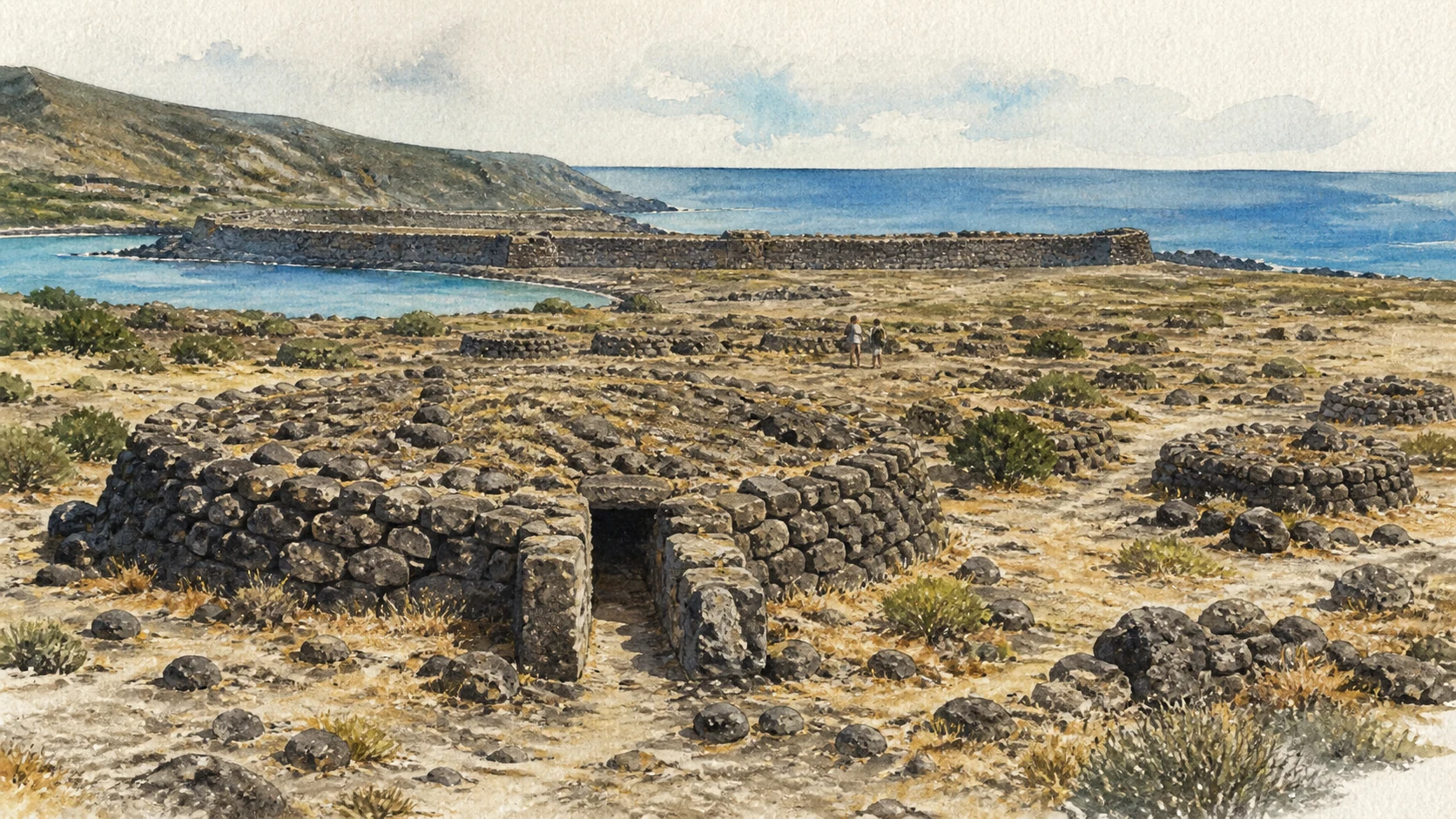Documentary watercolour of a low Pantellerian sese, smaller burial mounds and the fortified Bronze Age settlement of Mursia above the sea