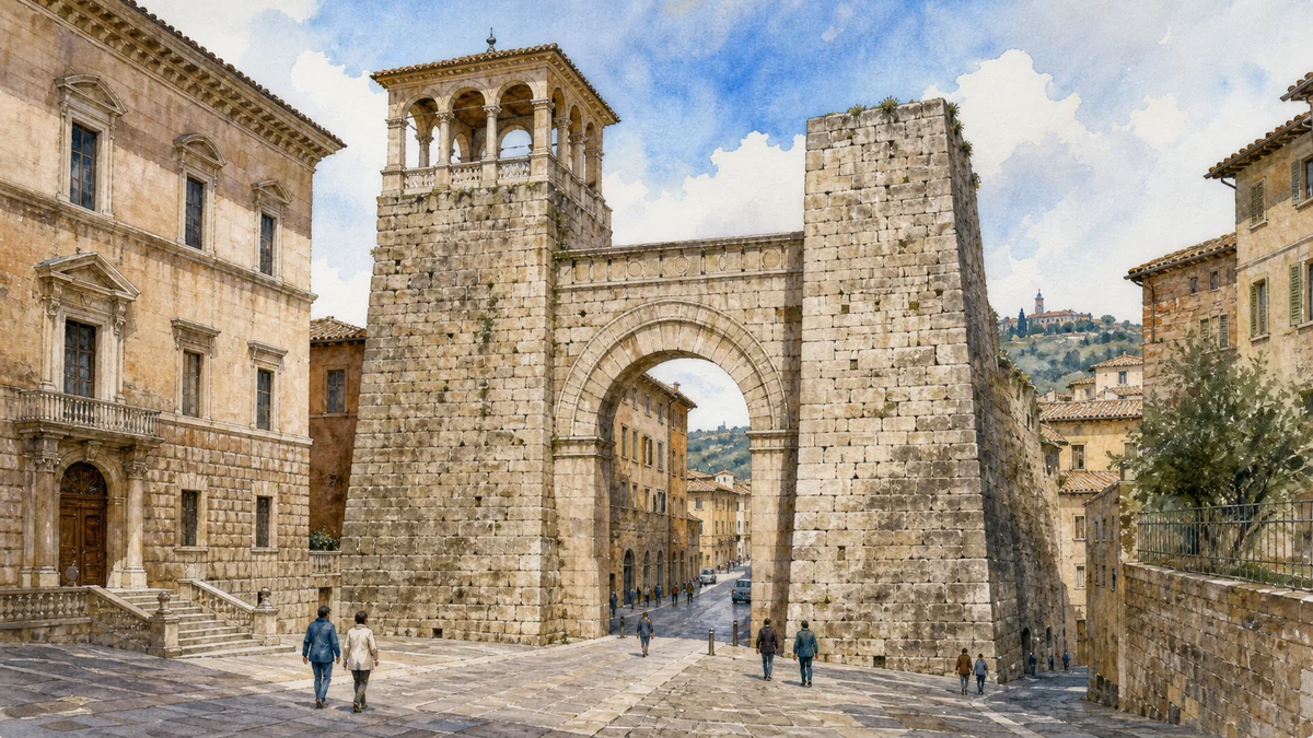 Original documentary watercolour of Perugia's Etruscan Arch between its travertine towers and surrounding streets