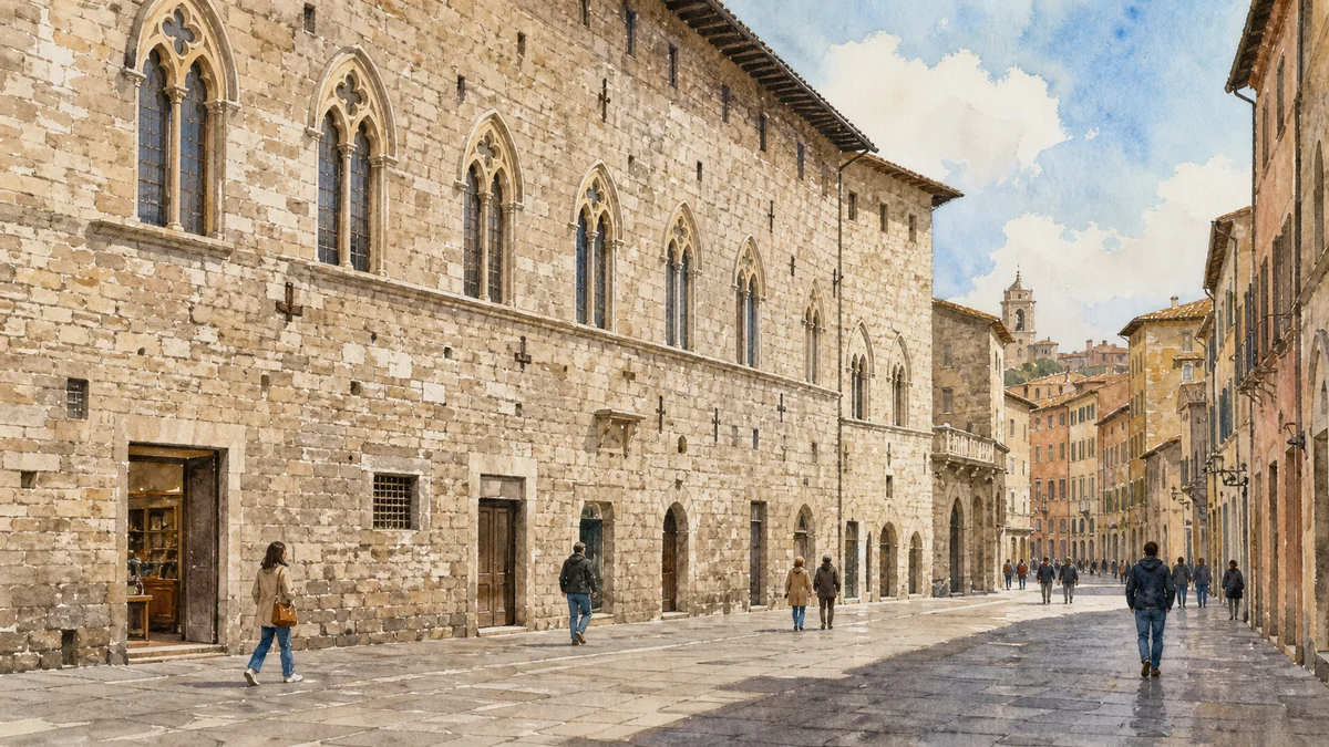 Original documentary watercolour of the Palazzo dei Priori frontage on Corso Vannucci where the Collegio del Cambio is entered