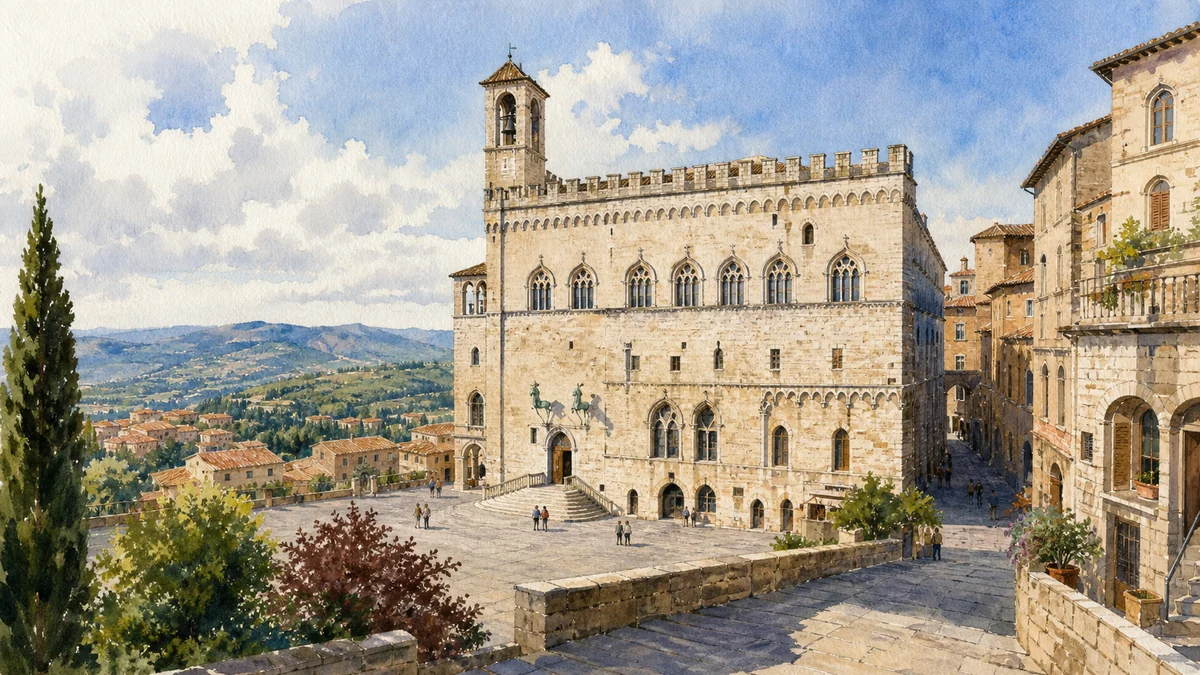 Original documentary watercolour of Palazzo dei Priori, home of the National Gallery of Umbria, in its Perugia setting